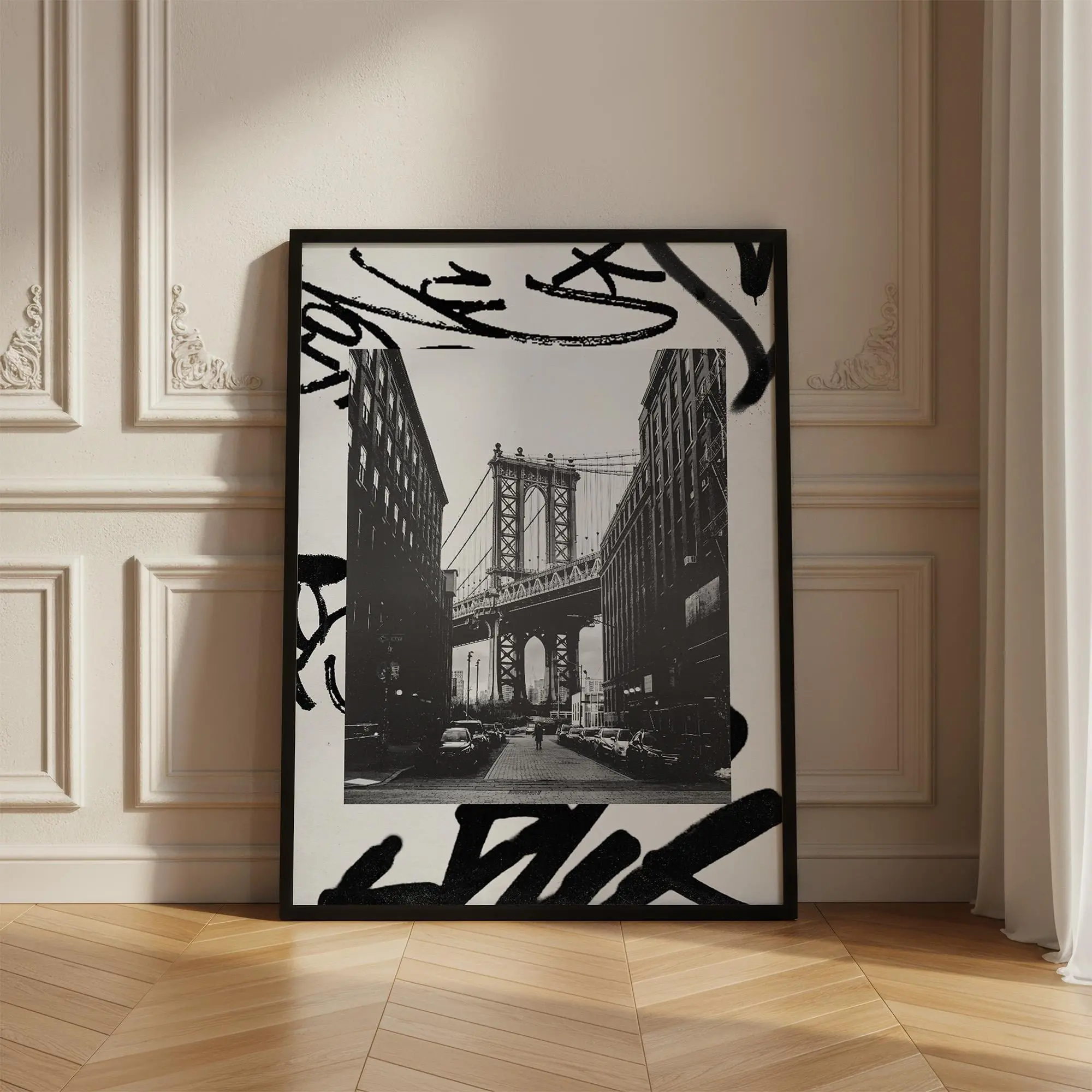 Manhattan Bridge Graffiti Print, Black White NYC Cityscape Wall Art Poster, Unframed Print Only