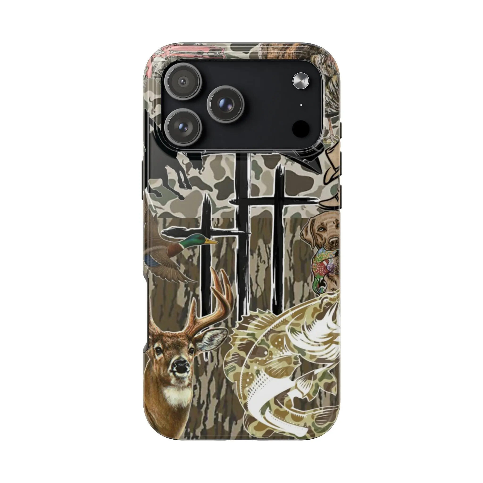 Hunting Camo Phone Case, Deer Duck Fish Cross Outdoor Design, Realtree Style Camo iPhone Case, Hunting Gift for Men, Rugged Protective Cover