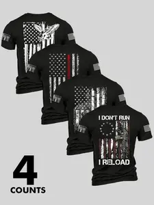 Men's Fashion Stylish Round Neck Casual Short Sleeve T-Shirt, Summer Comfortable Flag Print Outdoor Tee, 4 Pack Set, Perfect for Boyfriend Daily Wear