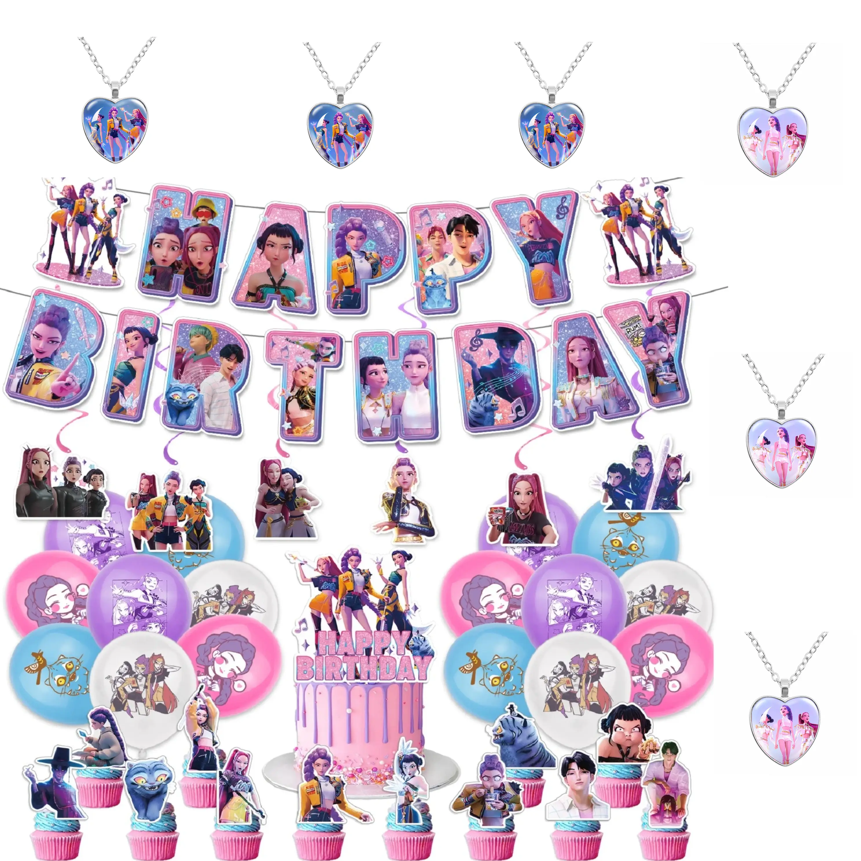 K-pop girl-themed cartoon birthday set, including a banner, hanging ornaments, cake topper decorations, and anime-themed balloons—party supplies.