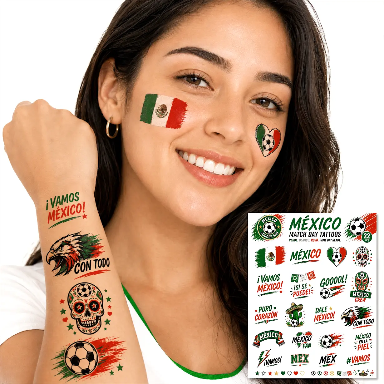 Waterproof Temporary Tattoo Stickers for Soccer Fans, Skin-Friendly Fake Tattoos with USA, Mexico, Brazil, Argentina & Portugal Flags for Parties, Arm Temporary Tattoos