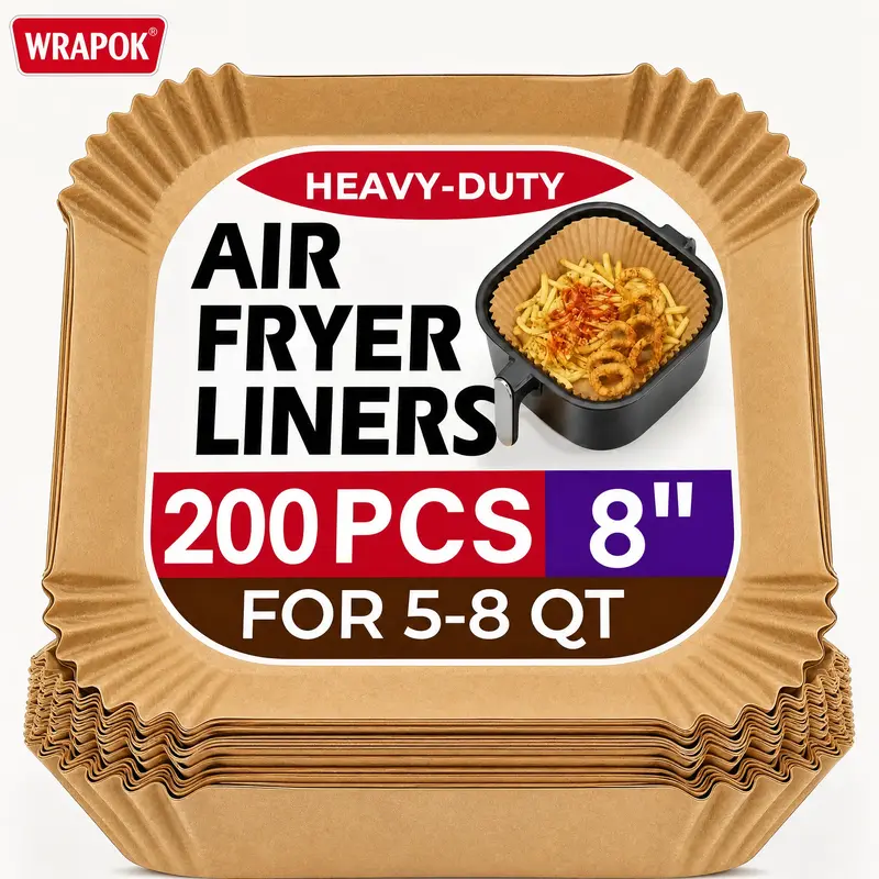 Compostable Disposable Air Fryer Liners - Heavy-Duty, Non-Stick, Oil-Resistant Parchment Paper, Food-Grade Unbleached Wood Pulp Baking & Frying Aid for 5-8 QT Round Bakeware, Effective Residue Prevention, Easy Cleanup