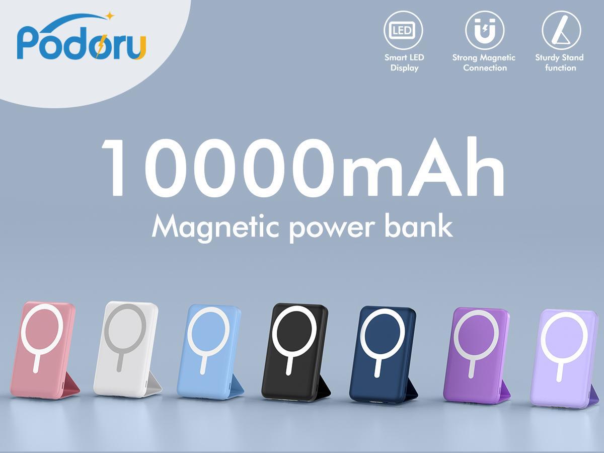 podoru 10000mAh Magnetic Power Bank for MagSafe, Wireless Portable Charger with LED Display, Foldable Stand, 20W PD Fast Charging, USB Output, USB-C & Lightning Input, Battery Pack for iPhone 17/16/15/14/13/12 Series