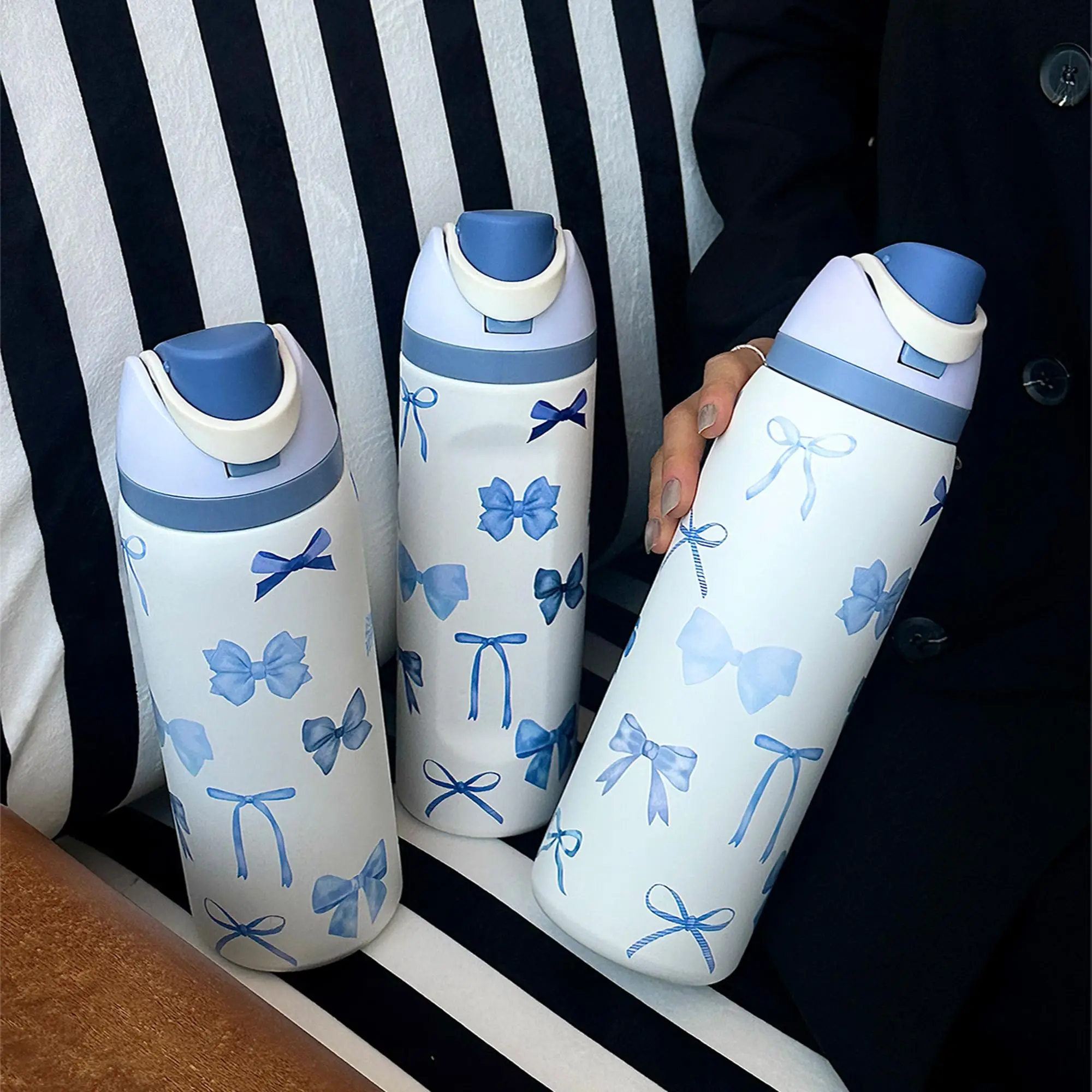 Bow Pattern Stainless Steel Vacuum Flask, 1 Count Portable Double Layer Insulated Water Bottle with Straw, Leakproof Tumbler, Summer Cool Bottle Drink