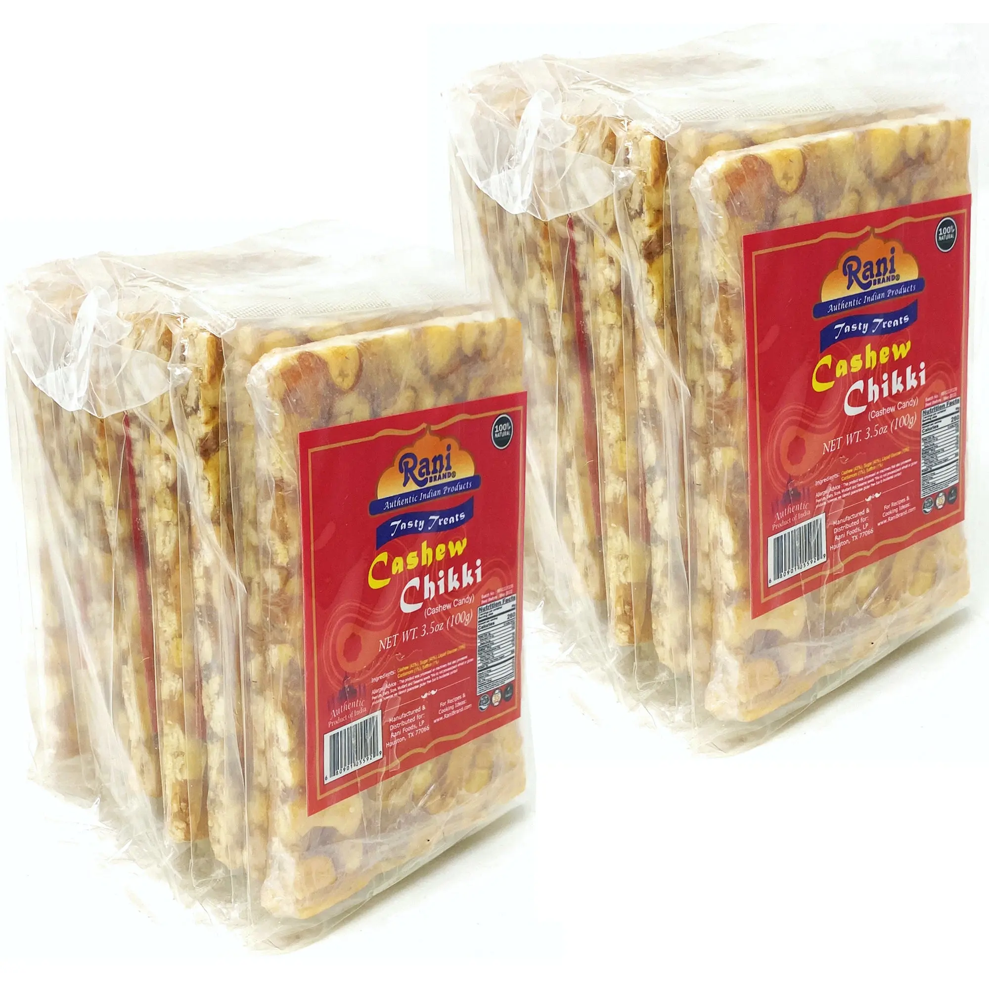 Rani Cashew Chikki (Brittle Candy) 100g (3.5oz) x Pack of 20 ~ All Natural | Vegan | No colors | Gluten Friendly | Indian Origin
