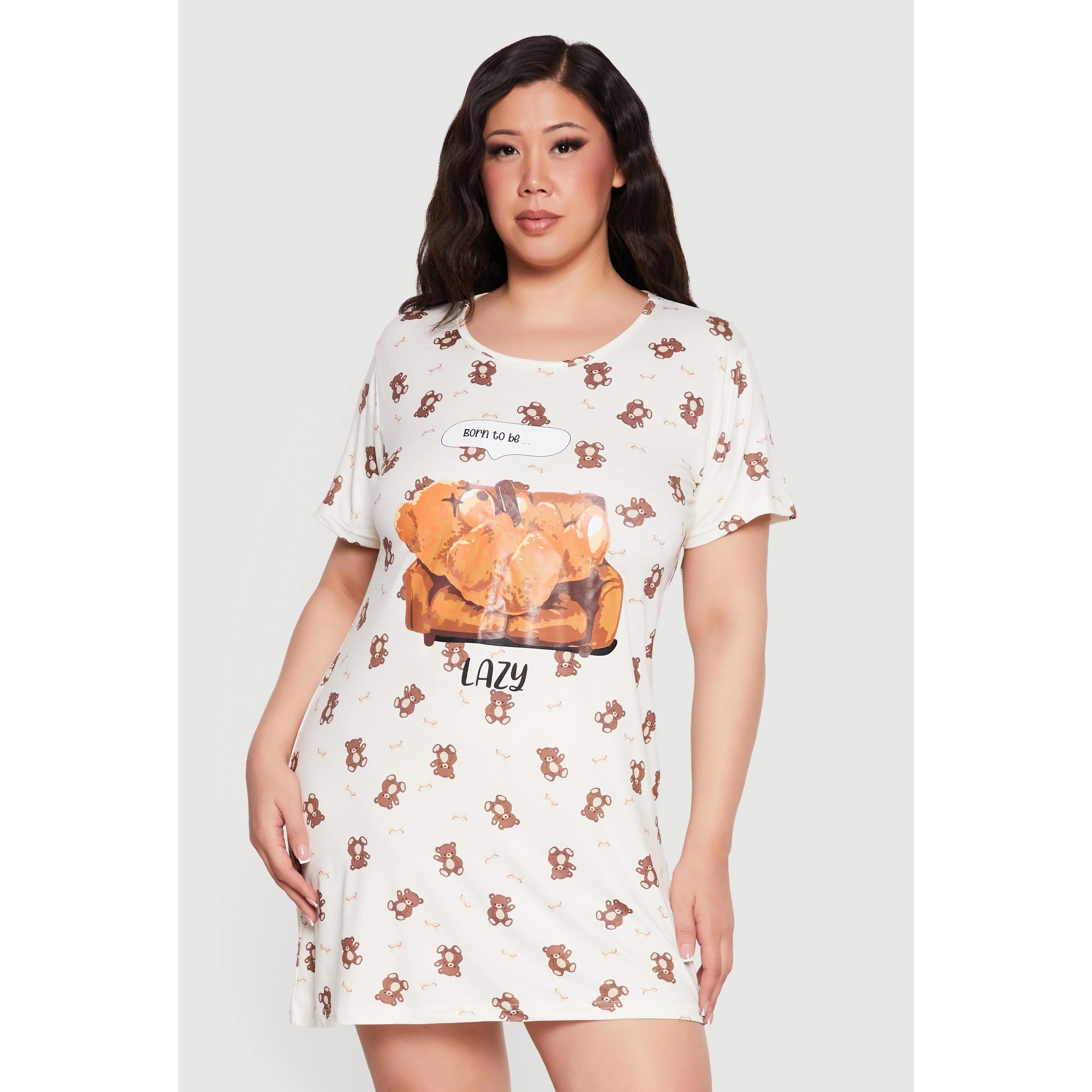 Plus Size Born To Be Lazy Bear Print Pajama Sleepshirt