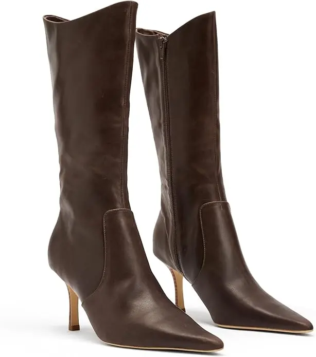 Coutgo Womens Mid Calf Boots Pointed Toe High Heel Long Boots Side Zipper Winter Dress Shoes