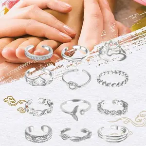 12pcs/set Decorative Korean Style Alloy Toe Ring Set Women Toe Ring Open Ring Beach Foot Accessories Foot Ring Fashion Jewelry