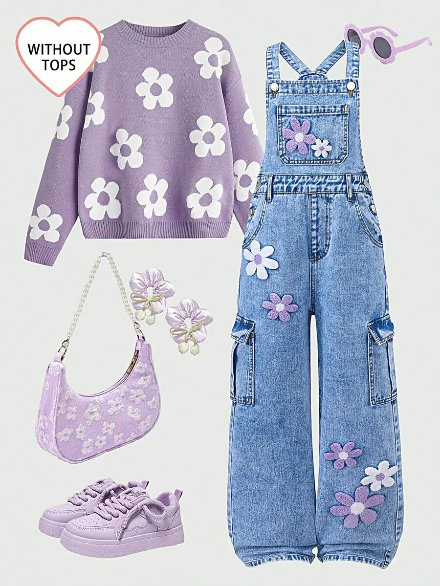 Tween Girls' Retro Denim Bib Overalls,Cute Light Blue Straight Leg Jumpsuit With Flowers,Adjustable Straps,Back-To-School Autumn School Y2K Outfit