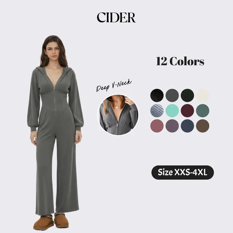 Cider Casual Streetwear Hooded Jumpsuit for Lounge Wear, Elegant Wide Leg Romper, Ladies Long Sleeve Bodysuit, Autumn Daily Outfits, Lady Tracksuits