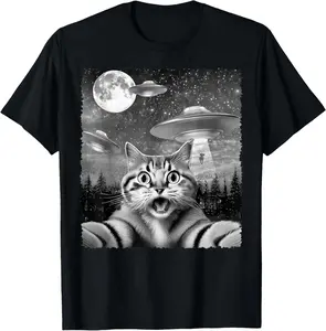 Funny Alien Cat Selfie with UFOs Gift Idea Men Women Kids T-Shirt