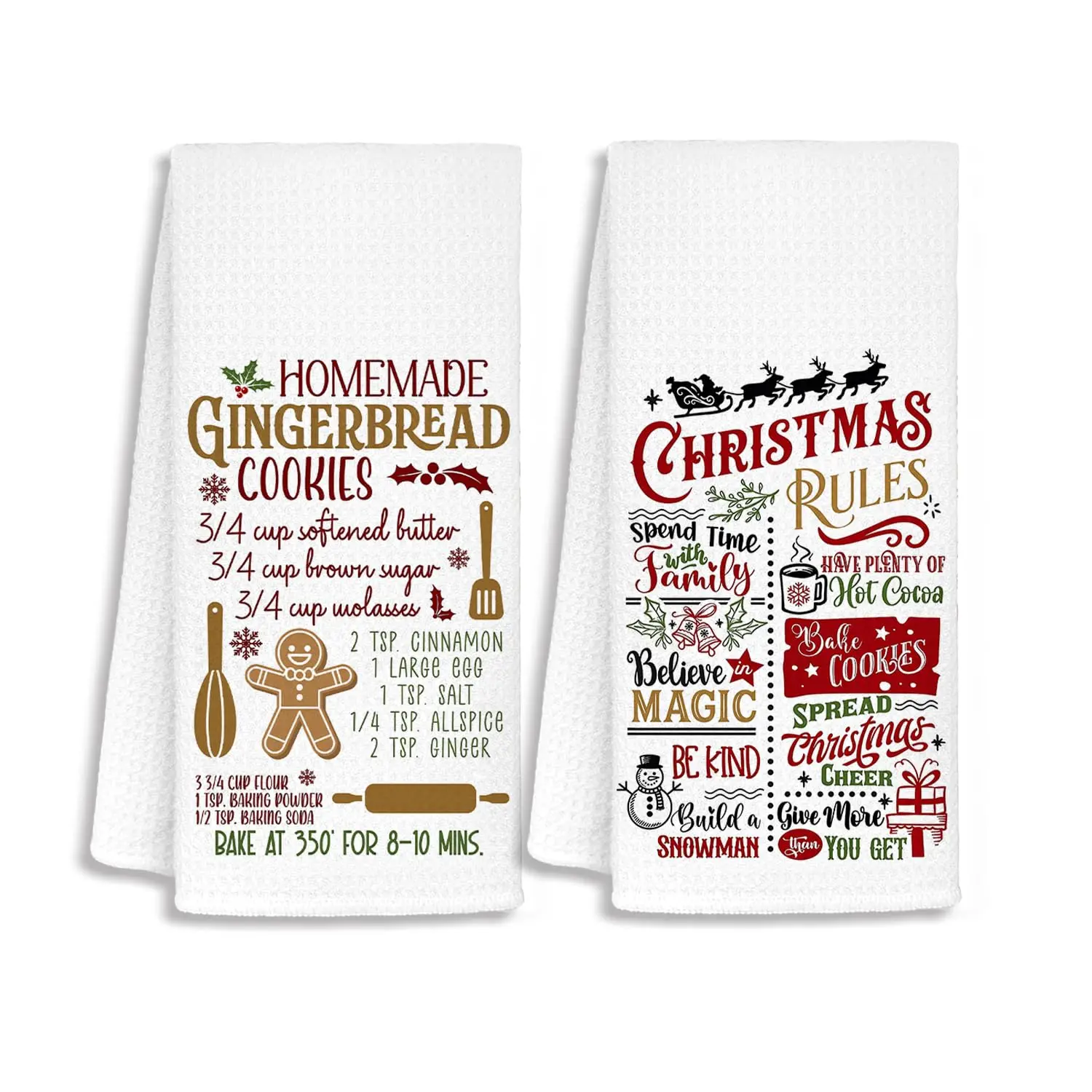 Christmas Gingerbread Baking Kitchen Towels, Christmas Dish Tea Towels for Baking, Gingerbread Xmas Winter Holiday Decorative Hand Towels for Kitchen Decor, Baker Gifts, 16x24 Inch Set of 2