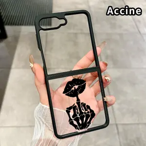 Skeletal Kiss Gesture Pattern Shockproof Folding Case for Z Flip 7/6/5/4, Central Axis Guard and Camera Protection Transparent Silicone TPU Phone Case