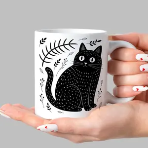 Black Cat Mug, Cute Cat Coffee Cup, Minimalist Botanical Cat Lover Gift, Witchy Mug for Friends, Coworkers, Feline Fans, Animal Lover