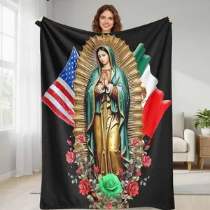 Virgin Mary flannel blanket with USA and Mexico flag floral print soft warm lightweight perfect for home decor church gatherings holiday celebrations prayer room and gifting to loved ones