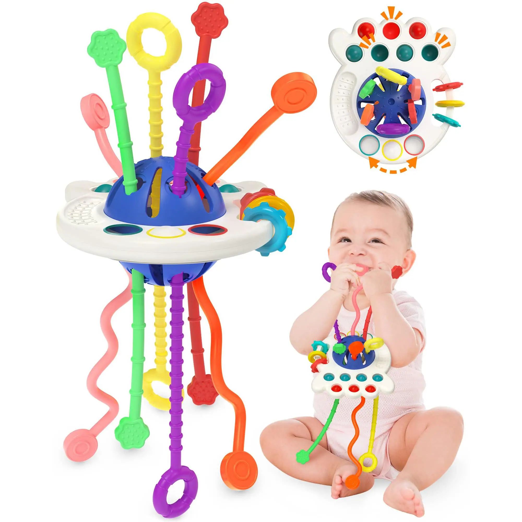 Baby Sensory Montessori Toy, Pull String Silicone Teething Toy, Travel Toy for 1 2 Year Old Boy Girl Infant Toddlers, Baby Stuff