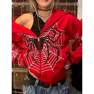 Y2K Spider Print Zip Up Hoodie, Long Sleeve Hoodies Sweatshirt, Women's Clothing Collar Fabric Tops Casual