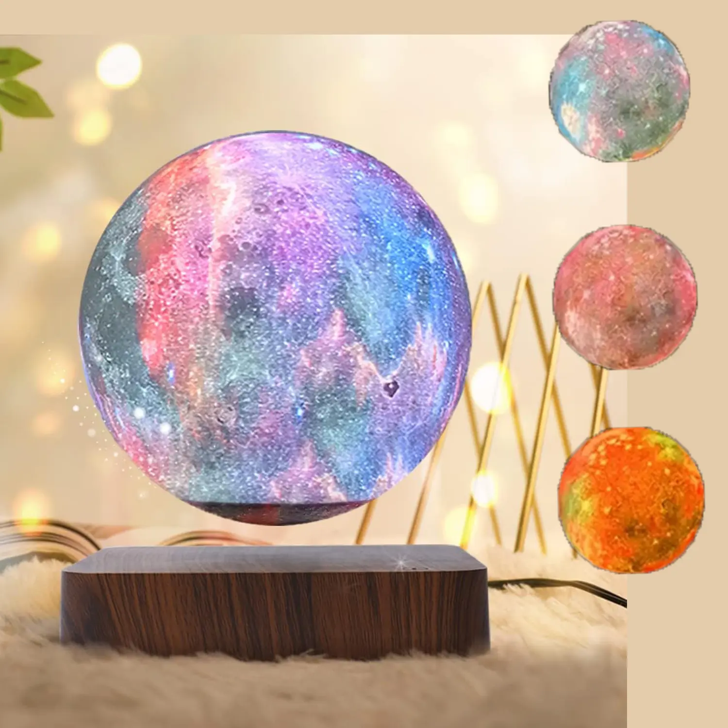 Magnetic Levitating Galaxy Moon Lamp 6 Inch 3 Color  Auto Rotating Floating Star Planet Light Wooden Base Creative Desk Decor Birthday Gift for Kids Adults