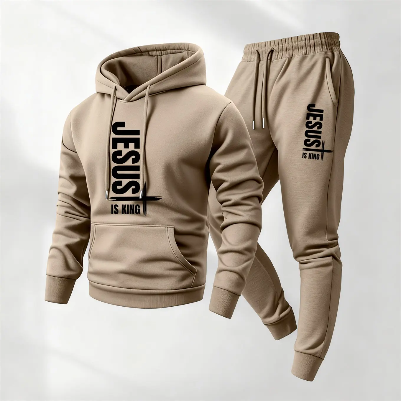 Men's 2-Piece Streetwear Tracksuit Set - Jesus Graphic Hoodie, Long Sleeve Polyester Pants, Athleisure Gym Workout Apparel for Fall Winter, Mensfashion, No Extra Buy