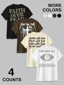 4-Pack "Faith Over Fear" Christian Graphic Long T-Shirts | Religious Streetwear Casual Tees Set