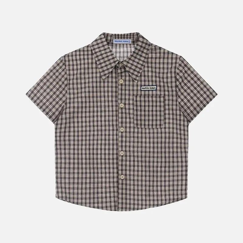 Aelfric Eden Men's Retro Checked Cotton Short-Sleeve Button-Down Shirt - Fitted Preppy Vintage Work Top with Pocket, Soft Casual for Summer Beach, Back to School
