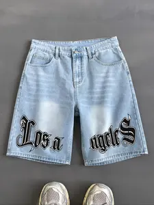 Men's Letter Print Denim Shorts, Graphic Shorts, Loose Casual Fashion Patchwork Shorts for Summer, Casual Fashionable Shorts, Men's Bottoms for Daily Wear