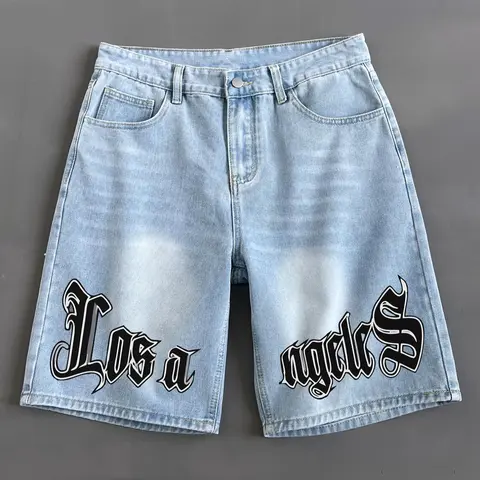 Men's Letter Print Denim Shorts, Graphic Shorts, Loose Casual Fashion Patchwork Shorts for Summer, Casual Fashionable Shorts, Men's Bottoms for Daily Wear