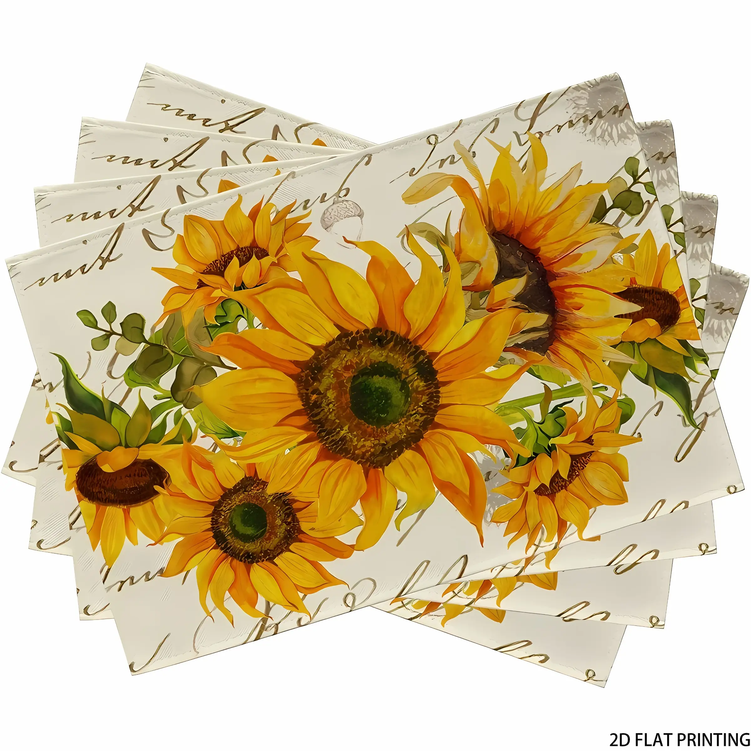 2D flat printing, 2-piece/4-piece set, autumn sunflower household placemat, Kitchen Decorative Placemat, retro yellow floral design, for spring and summer, with eucalyptus leaves, perfect for seasonal kitchen and home decor, size 12 X 18