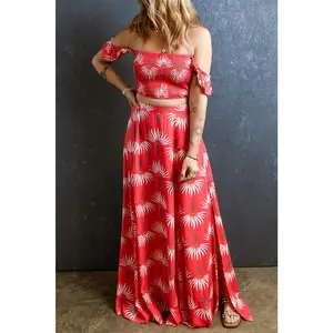 Smocked Off-Shoulder Top and Slit Skirt Set