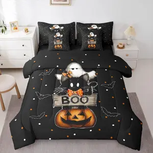Happy Halloween 7 Pcs Bedding Set,Ghost Cat Pumpkin Bed in a Bag,Cute Animal Bed Set,Includes Comforter,Sheet Set,Pillowcases & Pillow Covers