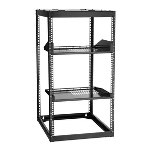 20U Open Frame Network Rack Wall Mounted Server Rack 4 Post With Shelves, Heavy Duty Steel Cabinet for Data Center, Cable Management and Ventilated Open Frame Design, Adjustable Rails, Toolless Assembly, Mounting Hardware Included