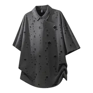 Men’s distressed short-sleeve T-shirt/Polo shirt for summer, trendy streetwear style, loose casual fit, breathable, turn-down collar, unisex design