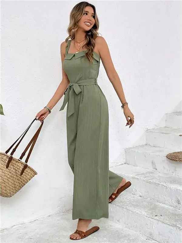 Women's Solid Color Tie-Waist Wide-Leg Jumpsuit, Summer Outfits ,Vacation, Sage Green ,Jumpsuit With Turn-Over Neckline And Tie-Up Waist. Wide Leg Tro