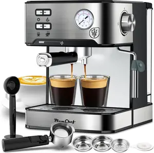 Plum Chef 20 Bar Espresso Machine with Milk Frother Dual Shot Coffee Maker ESE Pod Pressure Display 54 OZ Water Tank Home Barista Silver