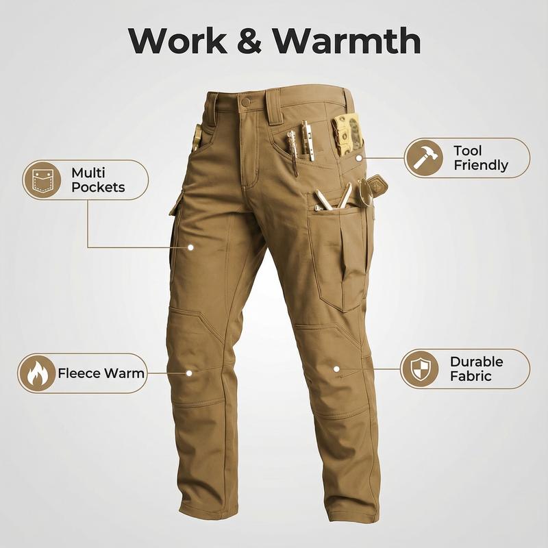 Men's Fleece-Lined Windproof Warm Tactical Pants 400g Knitted Fabric Mid-Rise Multi-Pocket Standard Fit for Autumn Winter Outdoor Wear
