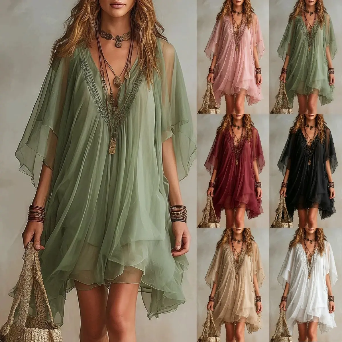 Women's 2026 Boho Chic Green Plain Chiffon Dress - V-Neck, Airy Flow Sleeves, Lightweight for Summer Casual Everyday Wear