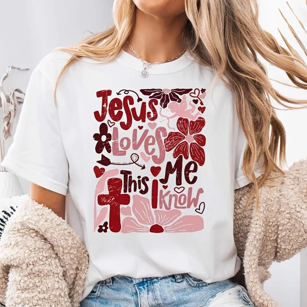 Jesus Loves Me This I Know Floral Cross Print, Neck Drop Shoulder T-Shirt, Christian Faith Easter Religious Theme, Church Worship Daily Casu