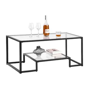 VEVOR 2-Tier Rectangle Tempered Glass Coffee Table with Sturdy Metal Frame, Open Storage Shelf, Minimalist Design for Living Room, Office, Easy Assembly, Two Tiers