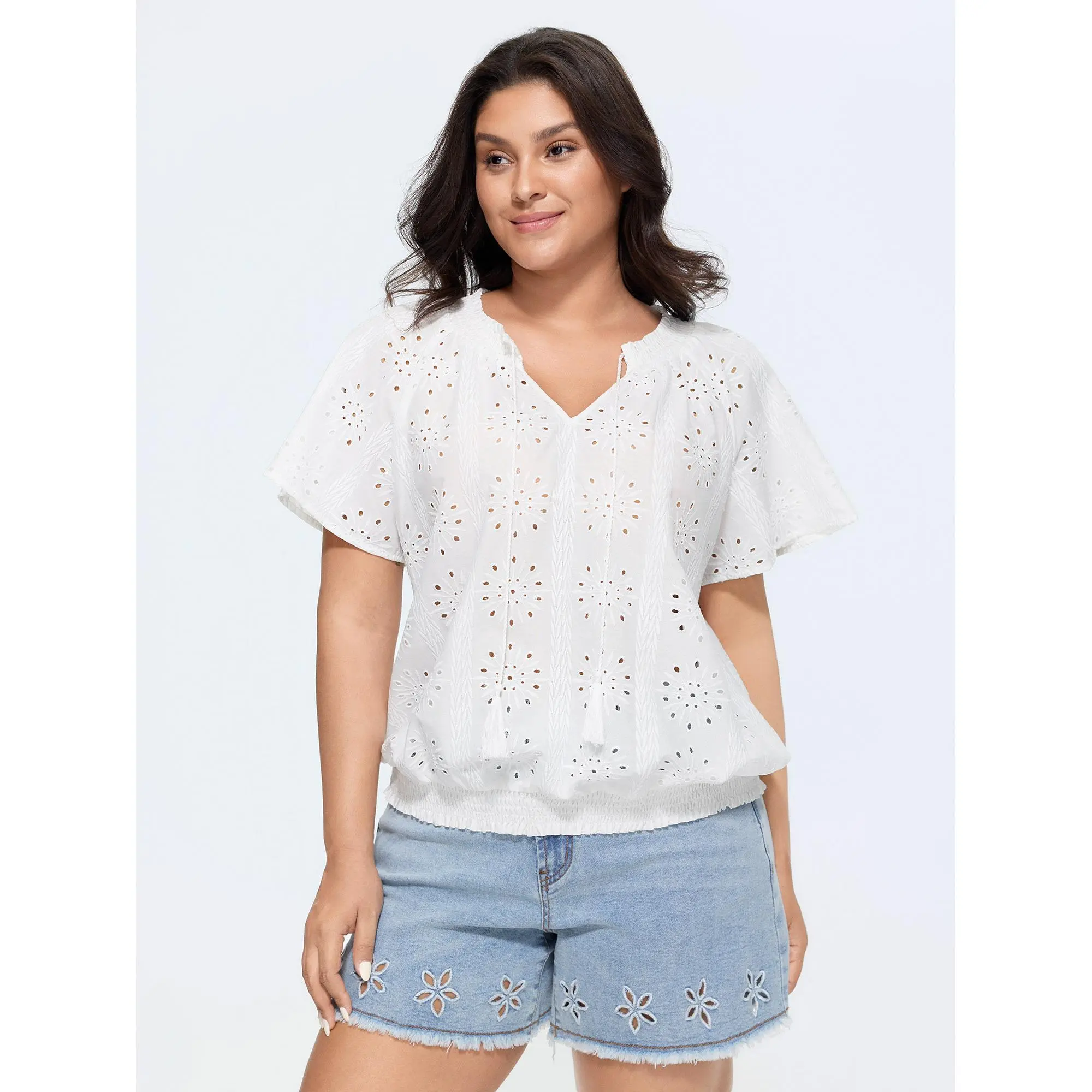 BloomChic Women's Plus Size Eyelet Blouse with Flutter Sleeves, Casual Cut-Out Neckline Leisure Wear, Rayon with Cotton Lining, Sleeve, Garment, Comfy Casual, Going Out, Ootd Ideas, Plain, Eyelet Detail, Fabric, Shirts, Cap Sleeve