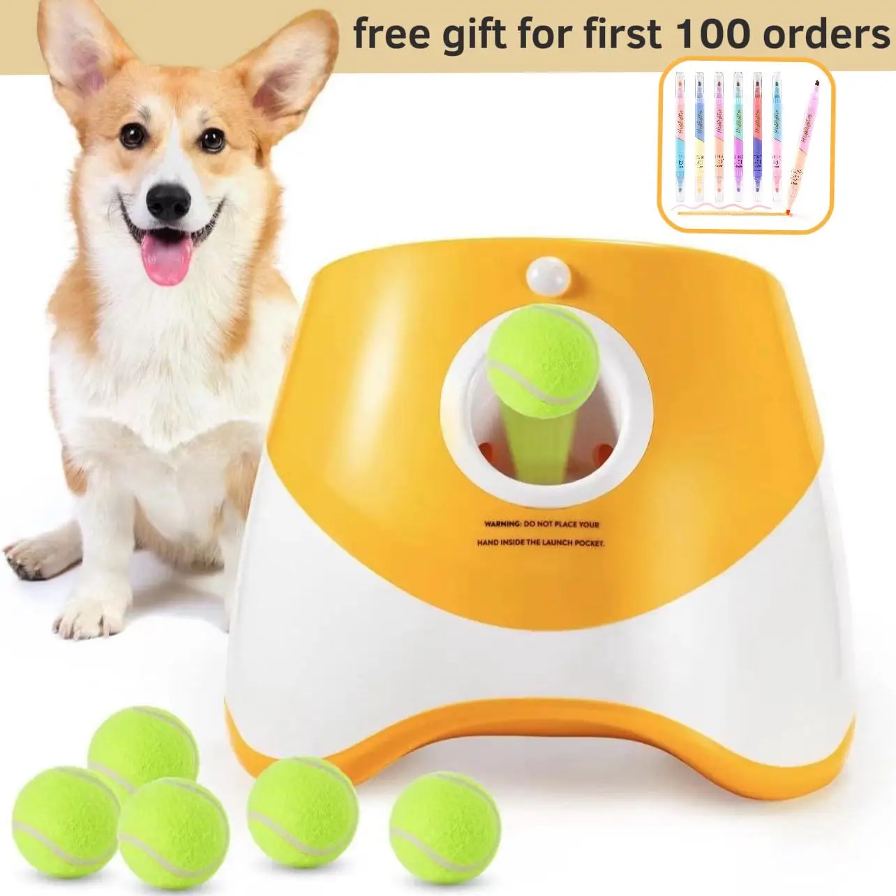 Automatic Dog Ball Launcher with 3 Mini Tennis Balls (2 Inch), 3 Adjustable Distances, Small & Medium Dogs Interactive Toy for Indoor Outdoor Play Dur