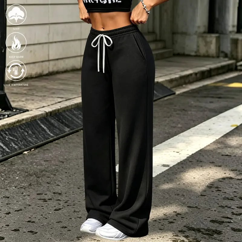 Purebeat Women's Sweatpants for Women - Mid-Waist Wide-Leg Fleece Casual Chic Pants, Polyester Knit Fabric, Elastic Drawcord Waistband, Side Pockets, Solid Color, Slight Stretch, Fall/Winter Multi-Use Bottoms, Ideal for Casual Outings