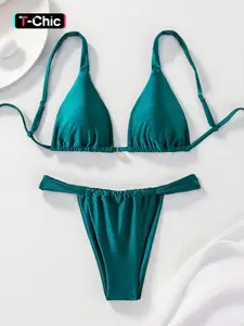 Two-piece Set Women's Plain Ruched Bikinis Set, Solid Ruched Bikini, Casual Triangle Swim Bra & High Cut Swim Panty, Ladies Bathing Suit for Summer Beach Holiday Vacation, Ruched Swim Suits, Spaghetti Strap Bikini, Swimsuit Set
