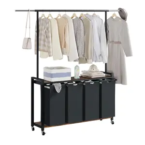 Versatile Laundry Sorter Hamper with Hanging Rack & Shelf  2-Section Rolling Clothes Organizer, Lockable Wheels, Sturdy Storage for Laundry Room, Bedroom, Bathroom