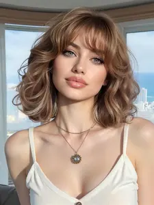 10-Inch Gradient Bangs Short Wavy Bob Wig, Heat-Resistant Synthetic Hair, Natural Layered Curl Wig for Women, Daily, Party, Role Play