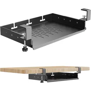 No Drill Under Desk Laptop Mount, Metal Under Desk Storage Shelf with Cable Management, Anti-Scratch Silicone Laptop Storage Tray for MacBook, Keyboard, Mac Mini, Perfect for Office Gaming Workstations