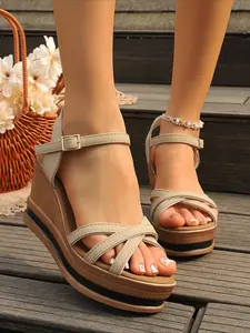 Summer Cross Strap Wedge Sandals, Thick Platform Height Increasing, Adjustable Buckle Ankle Strap, Casual Daily Sandals for Women