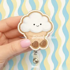 Ice Cream Cloud Badge Reel – Kawaii Waffle Cone Acrylic ID Holder – Pastel Retractable Clip