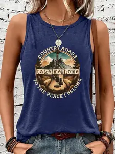 Women's Fashion Retro Vintage Guitar Landscape Print Sleeveless Tank Top, Casual Summer Vest, Lightweight Fabric, Perfect for Leisure, Vacation and Everyday Wear