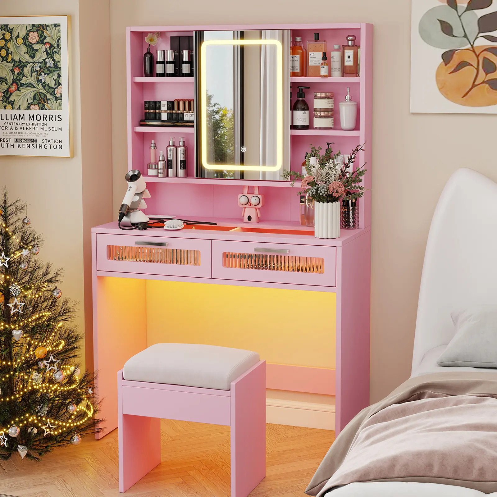 Women's Pink LED Vanity Table with UV-Free Mirror, 50-100% Dimming LED Lights, 2 USB Ports Top, Transparent Acrylic Top, 35.5" Width Small Vanity Desk, 2 Acrylic Drawers, 6 Storage Shelves, Power Outlets for Bedroom