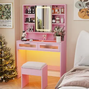 Pink Vanity Desk with Mirror and Lights, 35.5" Small LED Makeup Vanity Desk with 2 Acrylic Drawers, 6 Storage Shelves and Power Outlets for Girls Women Bedroom Dressing Room